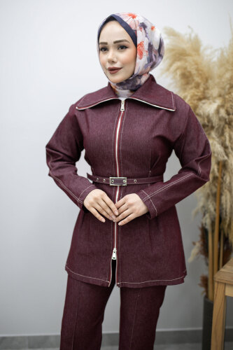 Fermuarlı Kemerli İkili Takım TSD260186 Bordo - 2