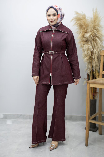 Fermuarlı Kemerli İkili Takım TSD260186 Bordo - 3