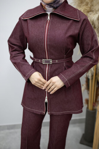 Fermuarlı Kemerli İkili Takım TSD260186 Bordo - 4