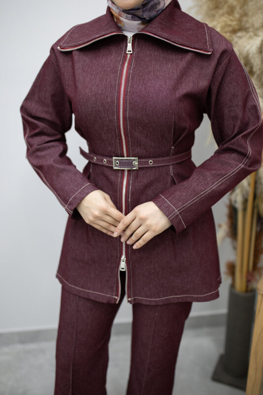 Fermuarlı Kemerli İkili Takım TSD260186 Bordo - 4