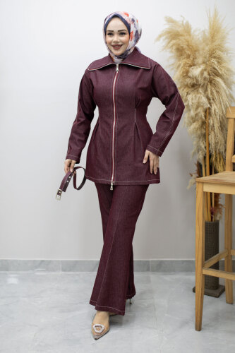 Fermuarlı Kemerli İkili Takım TSD260186 Bordo - 5