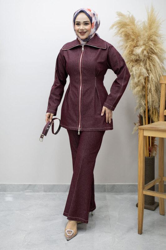 Fermuarlı Kemerli İkili Takım TSD260186 Bordo - 5