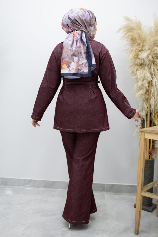 Fermuarlı Kemerli İkili Takım TSD260186 Bordo - 6