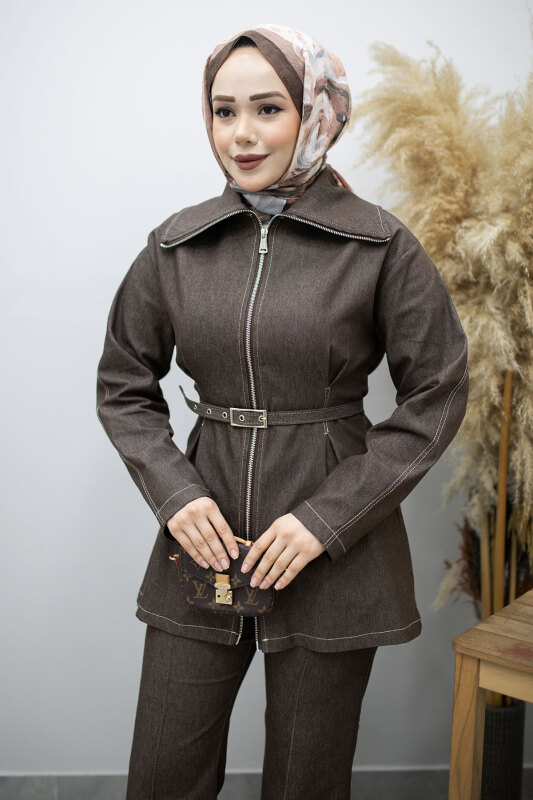 Fermuarlı Kemerli İkili Takım TSD260186 Kahverengi - Tesettür Dünyası (1)