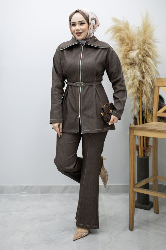 Fermuarlı Kemerli İkili Takım TSD260186 Kahverengi - 3