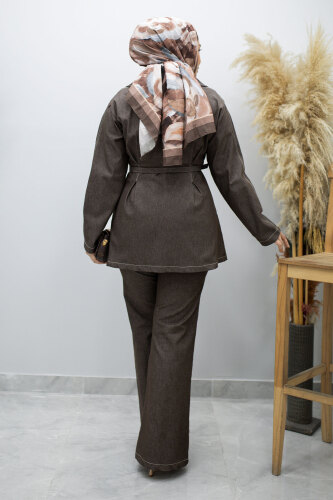 Fermuarlı Kemerli İkili Takım TSD260186 Kahverengi - 6