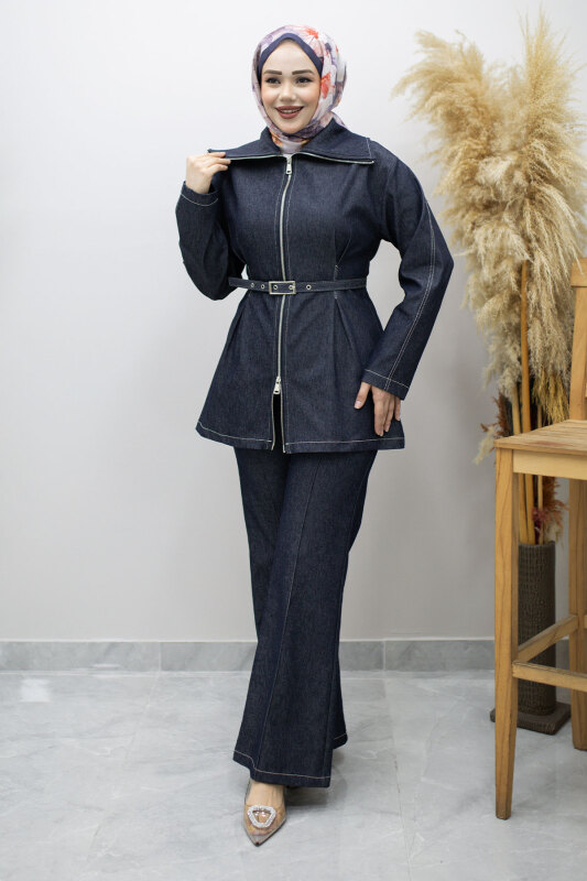 Fermuarlı Kemerli İkili Takım TSD260186 Koyu Mavi - Tesettür Dünyası