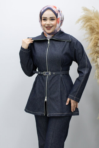 Fermuarlı Kemerli İkili Takım TSD260186 Koyu Mavi - 2