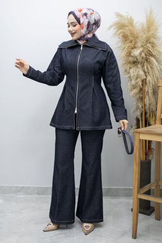 Fermuarlı Kemerli İkili Takım TSD260186 Koyu Mavi - 3