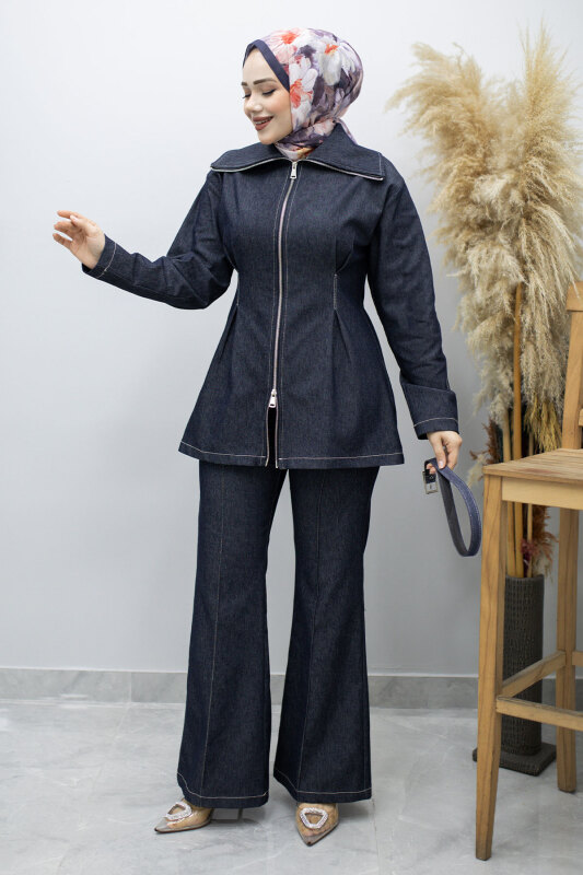 Fermuarlı Kemerli İkili Takım TSD260186 Koyu Mavi - 3