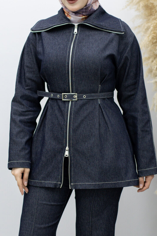 Fermuarlı Kemerli İkili Takım TSD260186 Koyu Mavi - 4