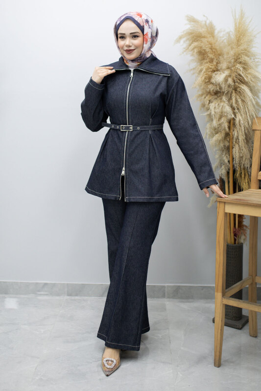 Fermuarlı Kemerli İkili Takım TSD260186 Koyu Mavi - 5