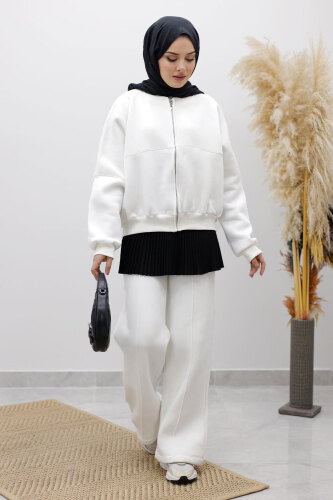 Fermuarlı Şardonlu Eşofman Takım TSD250258 Beyaz - 1