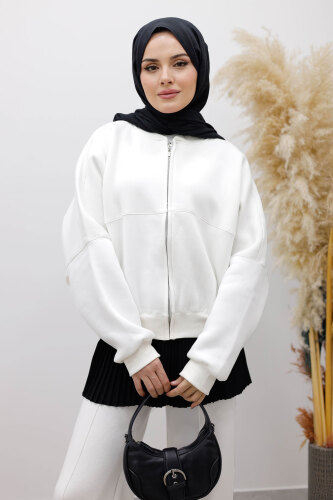 Fermuarlı Şardonlu Eşofman Takım TSD250258 Beyaz - 2