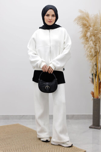 Fermuarlı Şardonlu Eşofman Takım TSD250258 Beyaz - 3