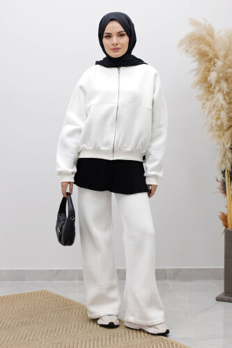 Fermuarlı Şardonlu Eşofman Takım TSD250258 Beyaz - 4