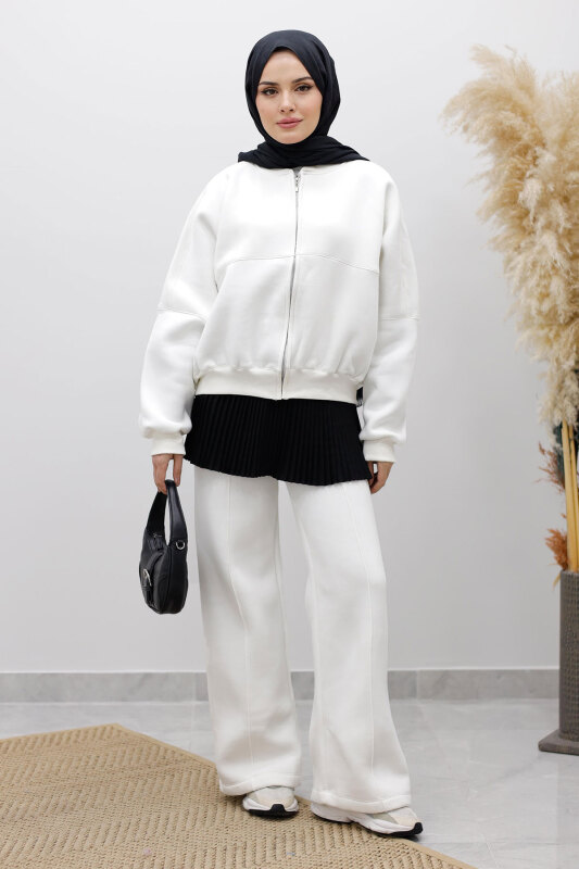 Fermuarlı Şardonlu Eşofman Takım TSD250258 Beyaz - 4