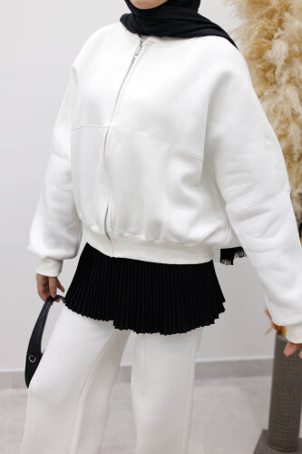 Fermuarlı Şardonlu Eşofman Takım TSD250258 Beyaz - 5