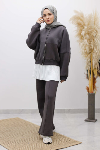 Fermuarlı Şardonlu Eşofman Takım TSD250258 Füme 