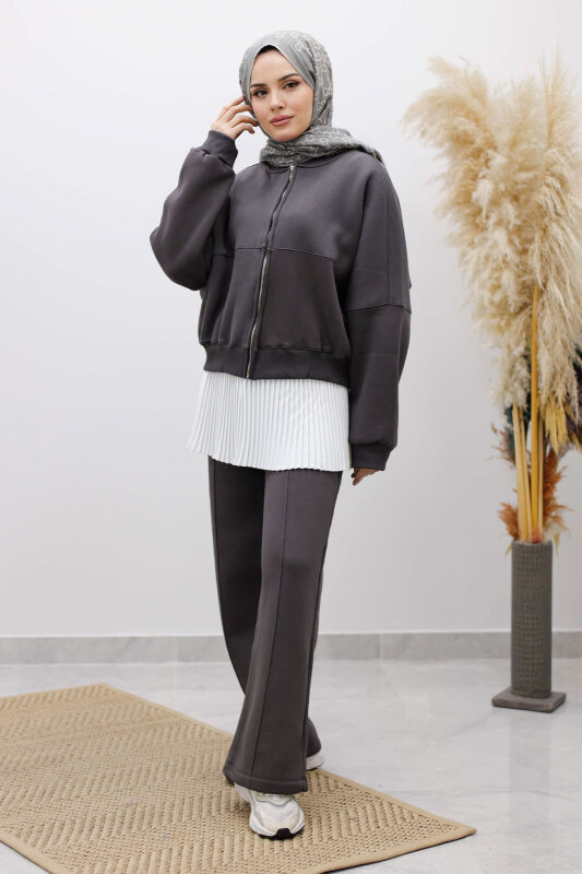 Fermuarlı Şardonlu Eşofman Takım TSD250258 Füme - Tesettür Dünyası