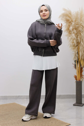 Fermuarlı Şardonlu Eşofman Takım TSD250258 Füme - 3