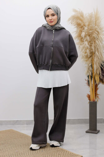 Fermuarlı Şardonlu Eşofman Takım TSD250258 Füme - 4