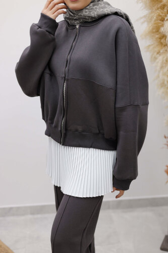 Fermuarlı Şardonlu Eşofman Takım TSD250258 Füme - 5