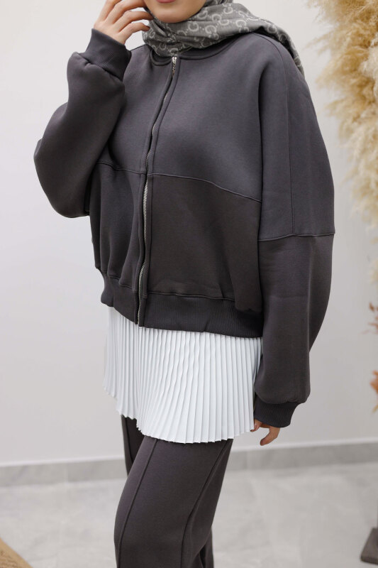 Fermuarlı Şardonlu Eşofman Takım TSD250258 Füme - 5