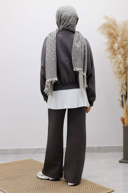 Fermuarlı Şardonlu Eşofman Takım TSD250258 Füme - 6