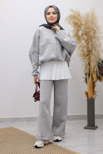 Fermuarlı Şardonlu Eşofman Takım TSD250258 Gri 