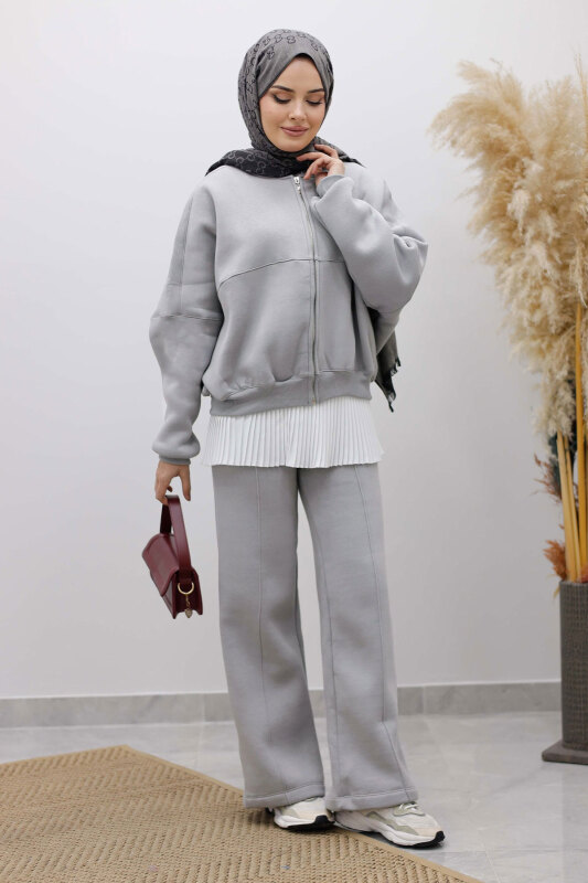 Fermuarlı Şardonlu Eşofman Takım TSD250258 Gri - 3