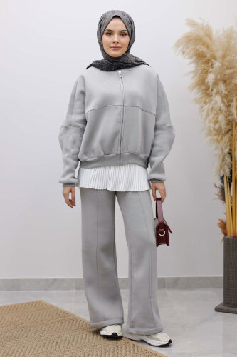 Fermuarlı Şardonlu Eşofman Takım TSD250258 Gri - 4