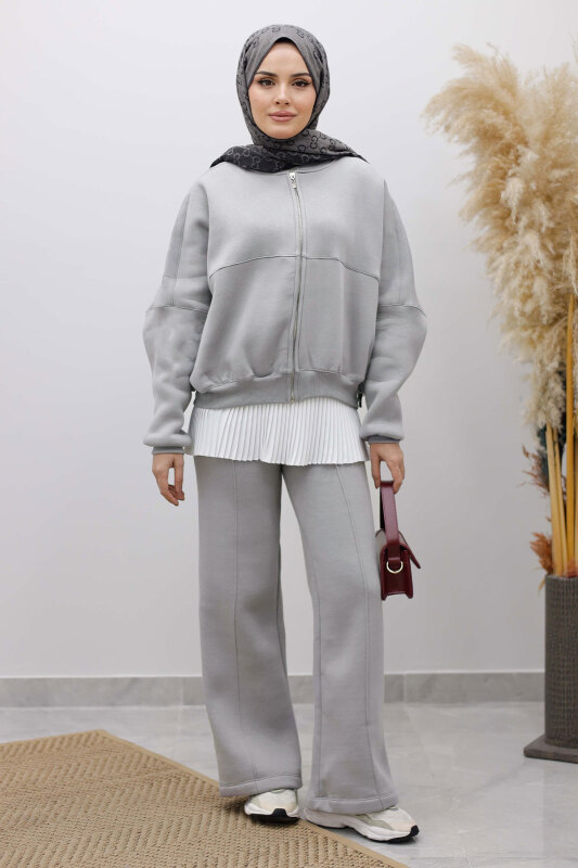 Fermuarlı Şardonlu Eşofman Takım TSD250258 Gri - 4