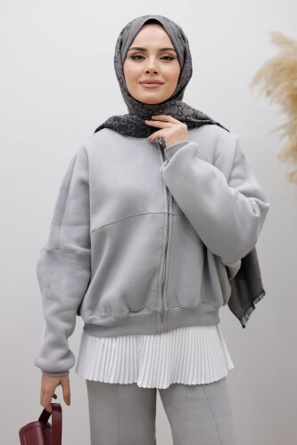 Fermuarlı Şardonlu Eşofman Takım TSD250258 Gri - 5