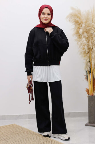 Fermuarlı Şardonlu Eşofman Takım TSD250258 Siyah 