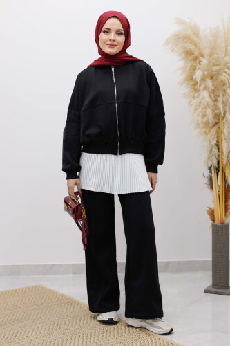 Fermuarlı Şardonlu Eşofman Takım TSD250258 Siyah - 3