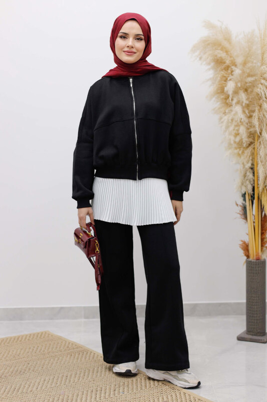 Fermuarlı Şardonlu Eşofman Takım TSD250258 Siyah - 3