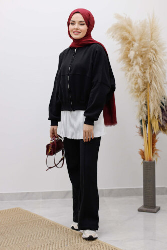 Fermuarlı Şardonlu Eşofman Takım TSD250258 Siyah - 4