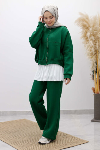 Fermuarlı Şardonlu Eşofman Takım TSD250258 Zümrüt Yeşili 