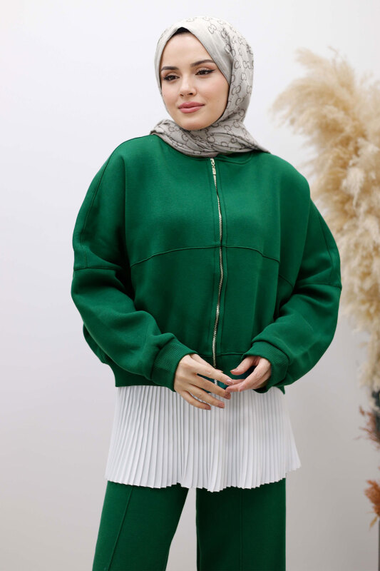 Fermuarlı Şardonlu Eşofman Takım TSD250258 Zümrüt Yeşili - Tesettür Dünyası (1)