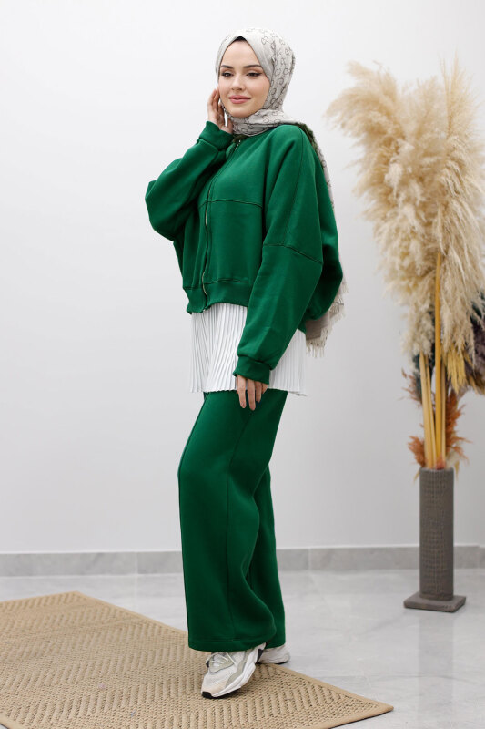 Fermuarlı Şardonlu Eşofman Takım TSD250258 Zümrüt Yeşili - 3