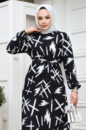 Fırça Desenli Beli Kuşaklı Elbise TSD240228 Siyah - 2