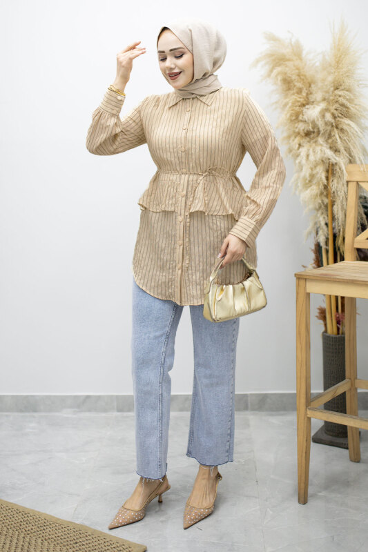 Fırfır Detaylı Çizgili Gömlek TSD260160 Bej - Tesettür Dünyası
