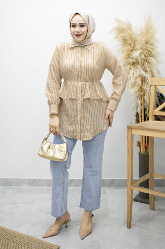 Fırfır Detaylı Çizgili Gömlek TSD260160 Bej - 3
