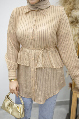 Fırfır Detaylı Çizgili Gömlek TSD260160 Bej - 4