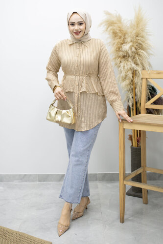 Fırfır Detaylı Çizgili Gömlek TSD260160 Bej - 5