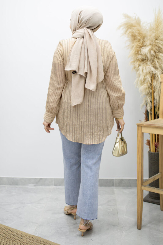 Fırfır Detaylı Çizgili Gömlek TSD260160 Bej - 6