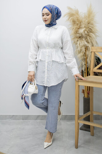 Fırfır Detaylı Çizgili Gömlek TSD260160 Beyaz 