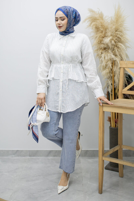 Fırfır Detaylı Çizgili Gömlek TSD260160 Beyaz - Tesettür Dünyası