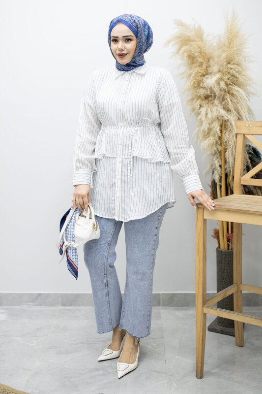 Fırfır Detaylı Çizgili Gömlek TSD260160 Beyaz - 3